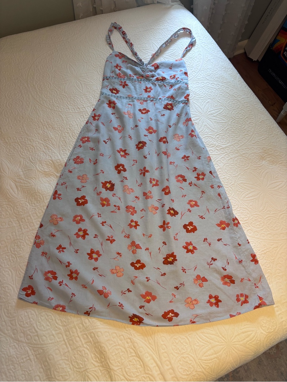 Zara Light Blue Midi Dress with Red & Pink Floral Print
